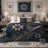 Oversized navy sherpa blanket with large Nordic snowflake print and plush sherpa backing