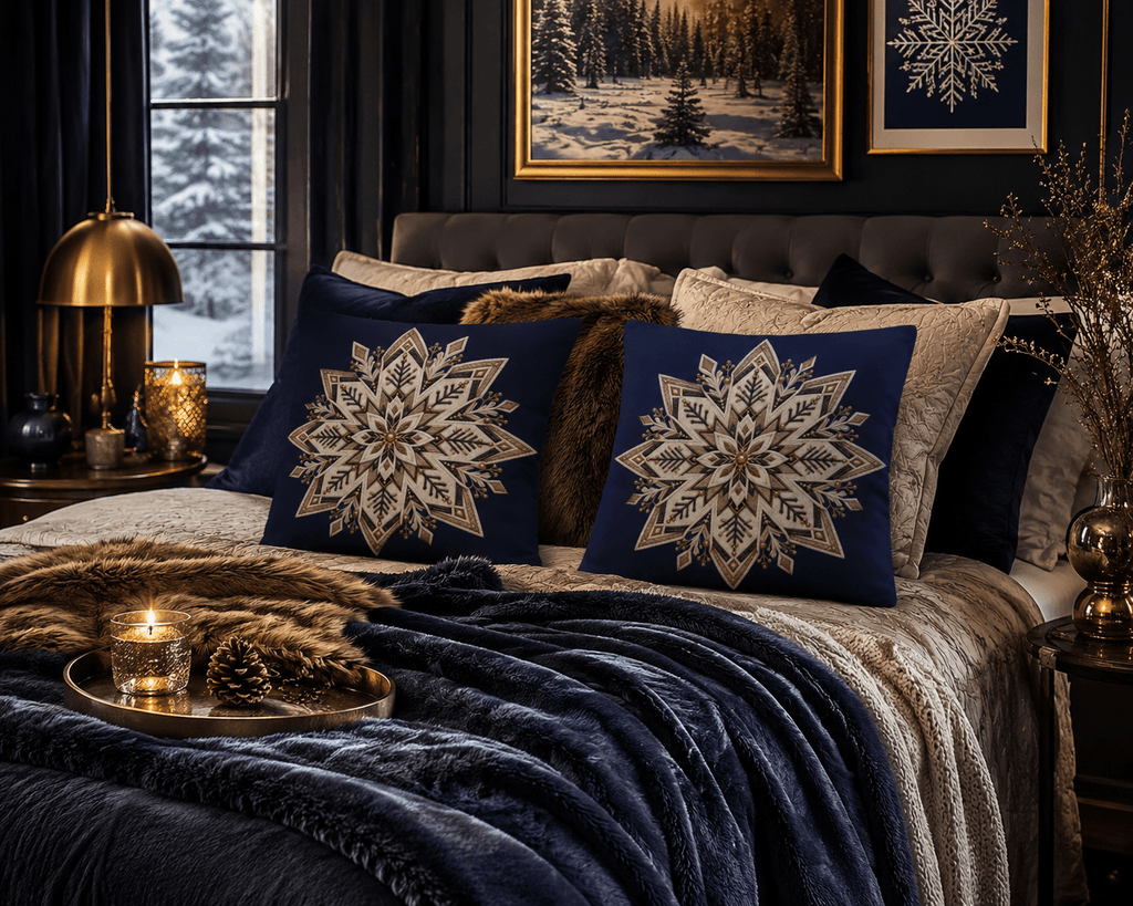 Rich and Rich Navy Blue Nordic Snowflake Linen Pillows with Pillow Core 18 x 18 Set of Two - Rich and Rich Homeopportunities