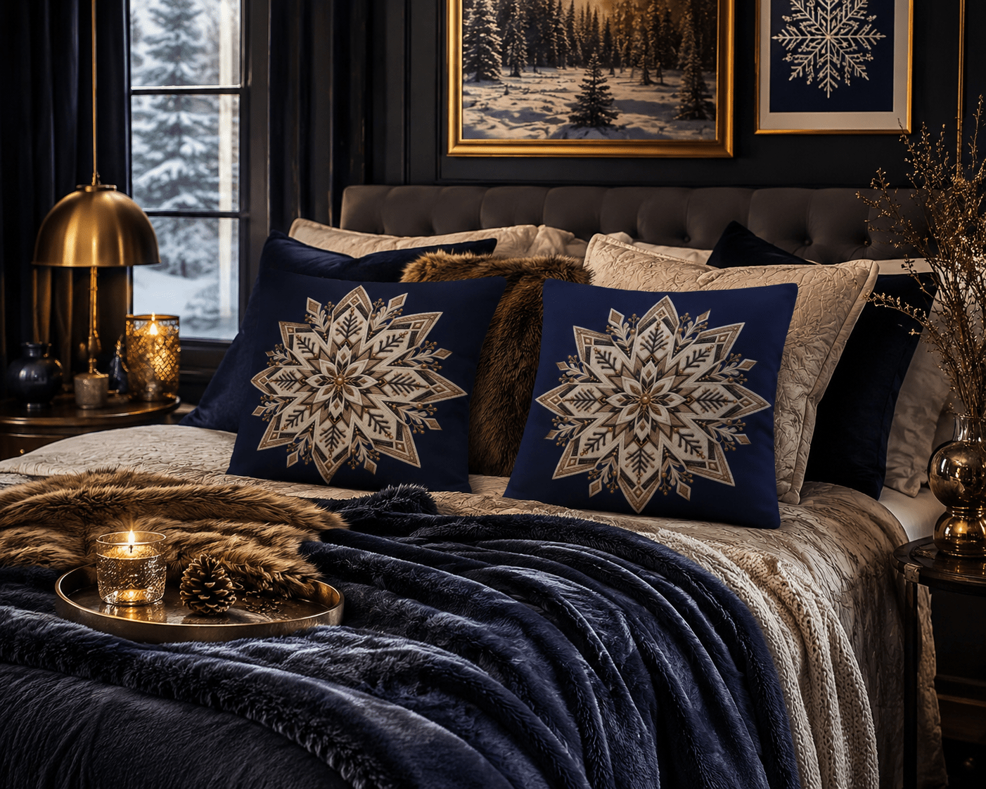 Rich and Rich Navy Blue Nordic Snowflake Linen Pillows with Pillow Core 18 x 18 Set of Two - Rich and Rich Homeopportunities