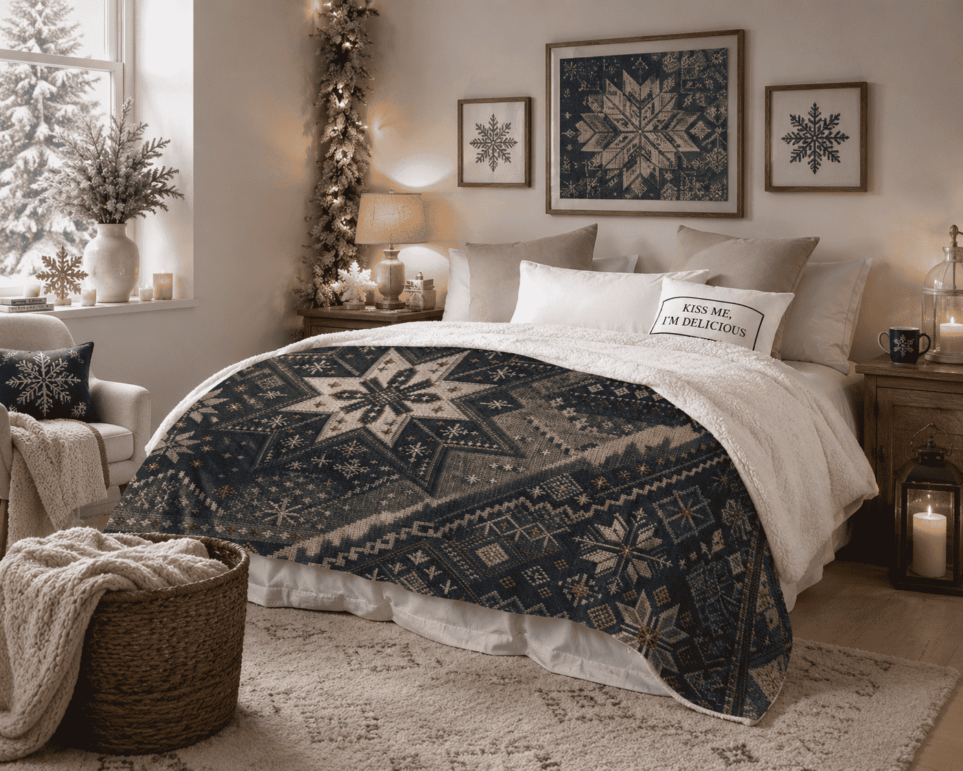 Oversized navy sherpa blanket with large Nordic snowflake print and plush sherpa backing — product detail