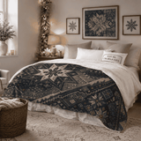 Oversized navy sherpa blanket with large Nordic snowflake print and plush sherpa backing — product detail