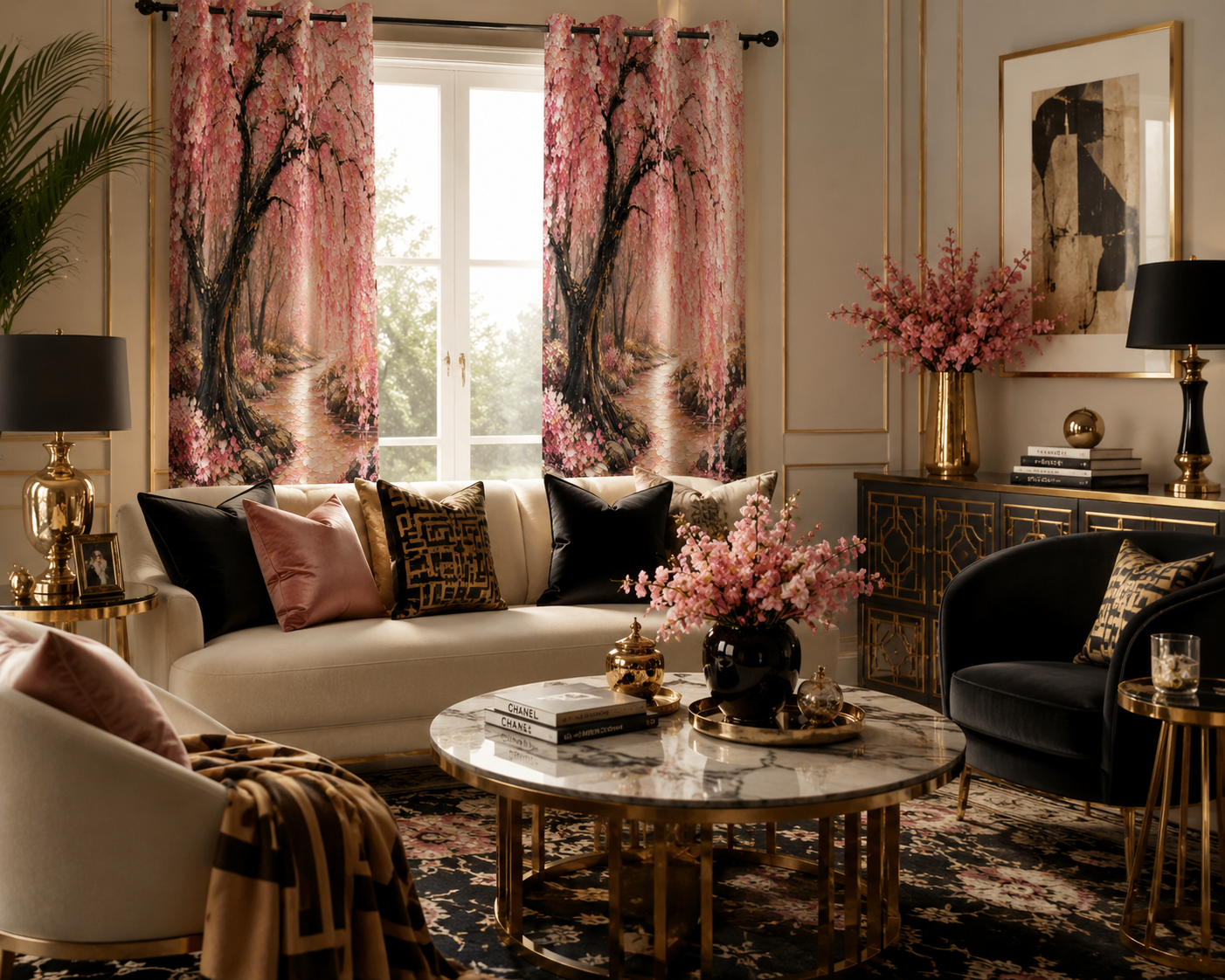 Japanese Cherry Blossom Blackout Fabric Grommet Curtain 43 x 63 inch (Set of 2)