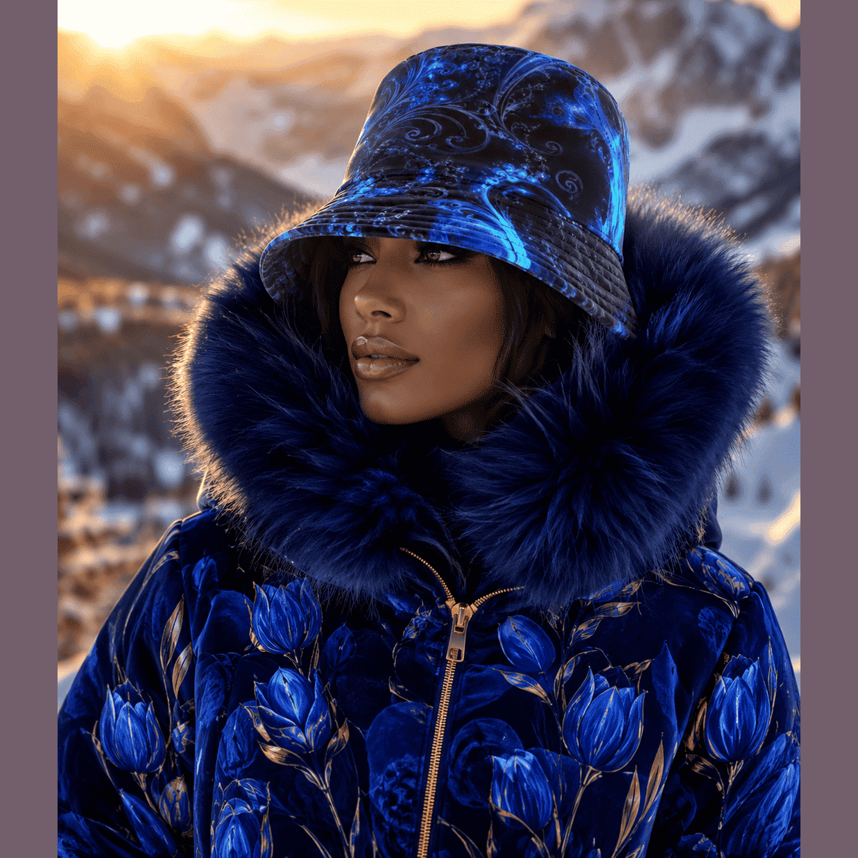 Royal blue women's bucket hat with Midnight Enchantress celestial all-over print