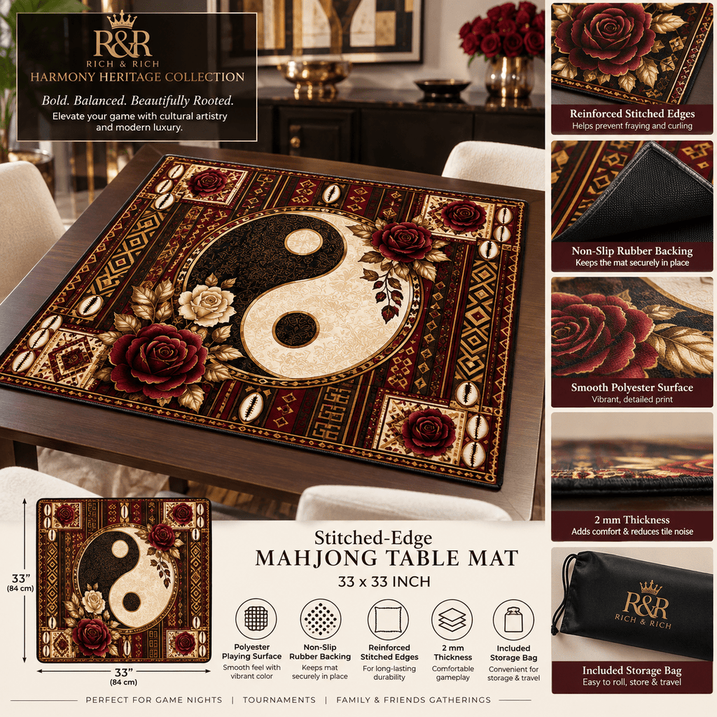 Rich and Rich Harmony Heritage Mahjong Table Mat 33x33 Inch – Stitched Edge, Non-Slip Rubber Backing, 2mm Game Mat with Storage Bag - Rich and Rich Homeopportunities