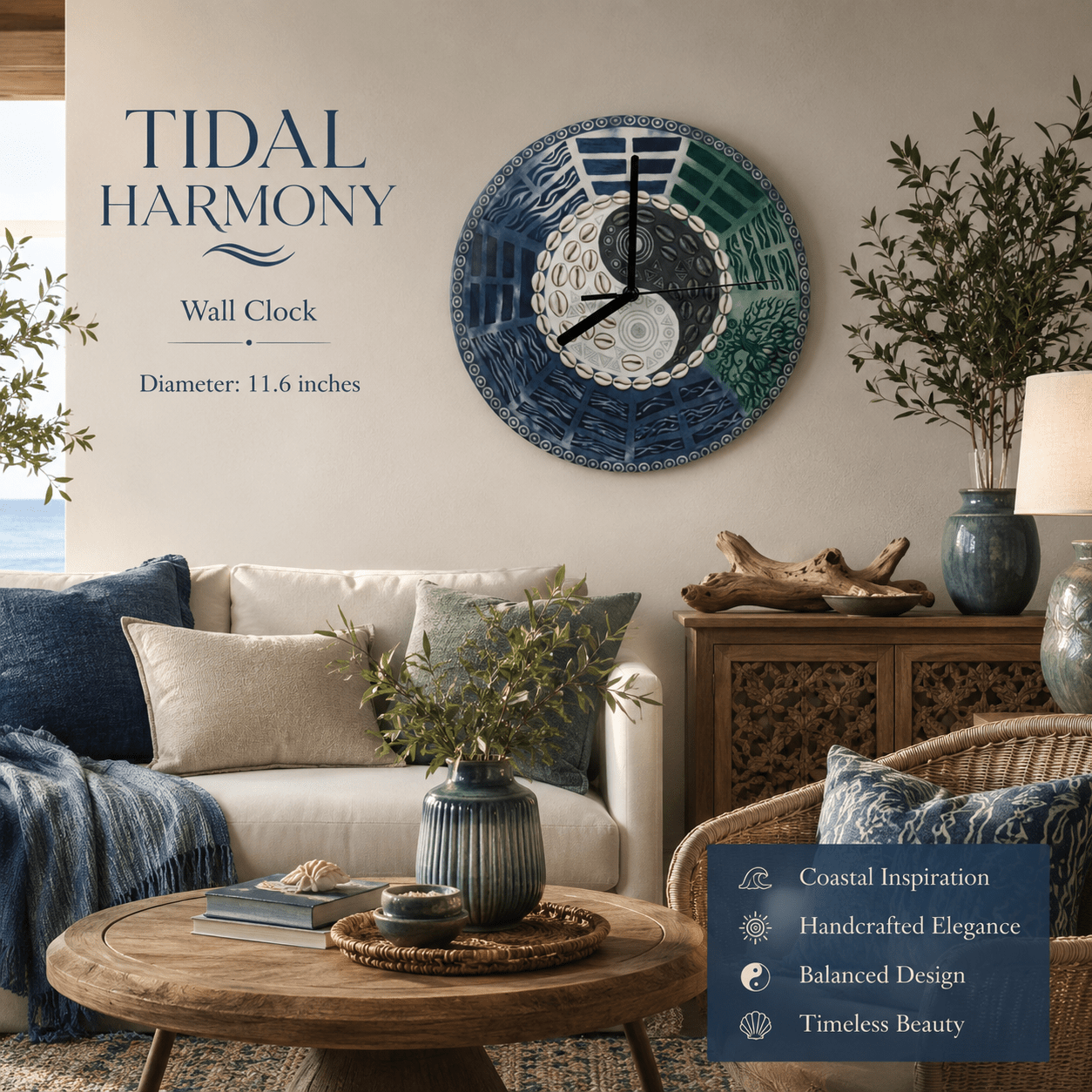 Wooden wall clock with ocean-inspired yin-yang design, turquoise tones, and cowrie shell ring, 11.6 inches