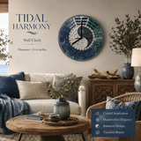 Wooden wall clock with ocean-inspired yin-yang design, turquoise tones, and cowrie shell ring, 11.6 inches
