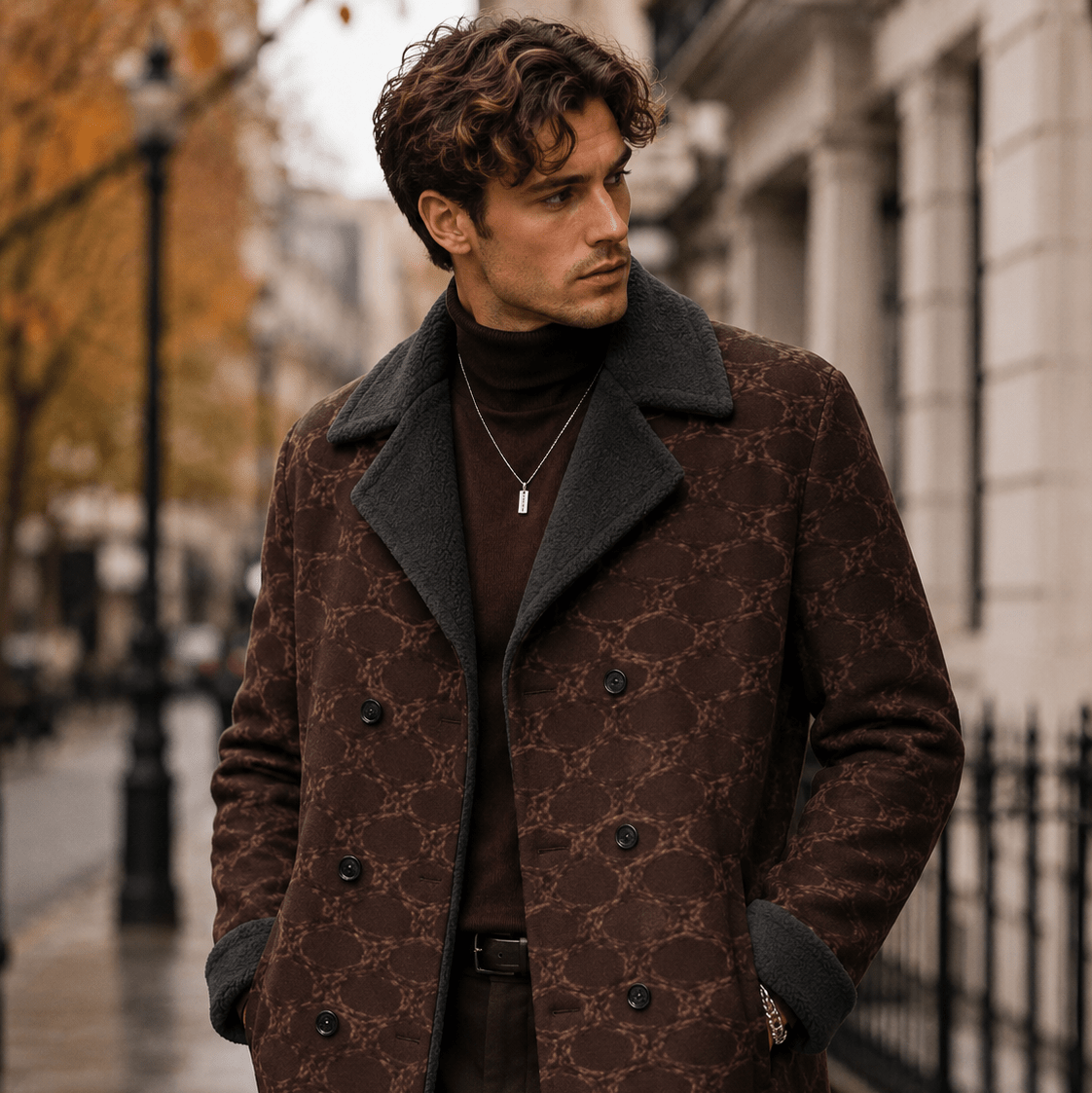 Chocolate brown men's double-breasted coat with circular geometric pattern and sherpa lining