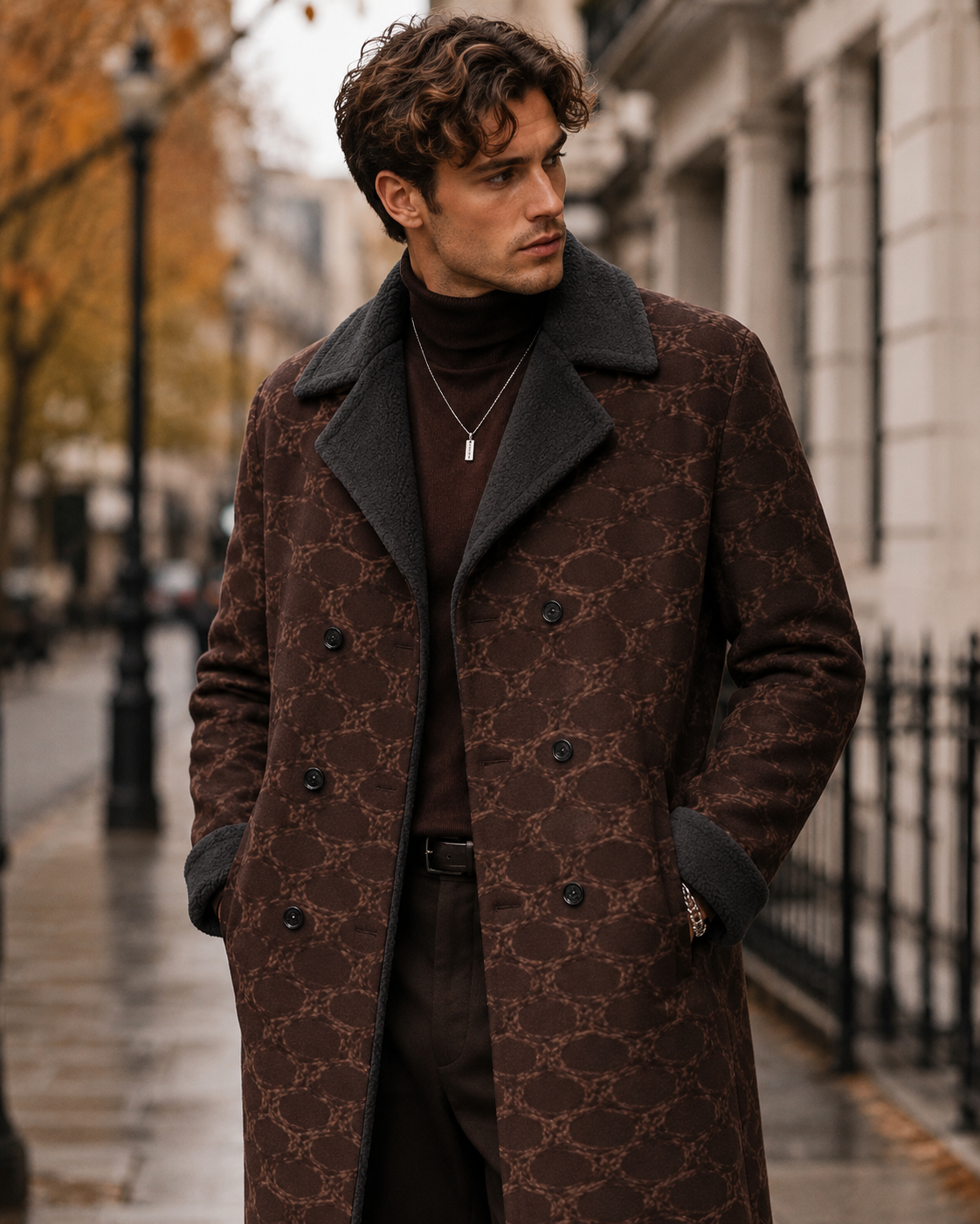A Rich and Rich Chocolate Circular Dimensions Men's Double Breasted Coat