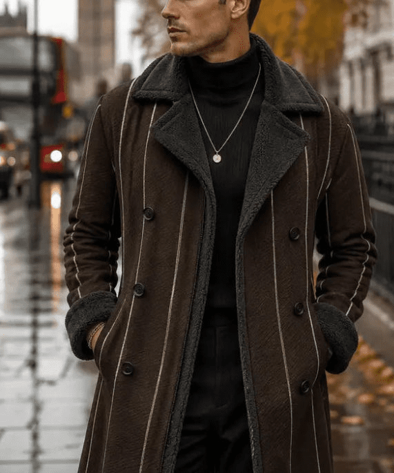 Chocolate brown pinstriped men's double-breasted overcoat with sherpa lining — alternate view