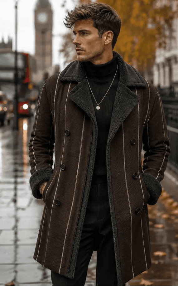Rich and Rich Chocolate Pinstripe Men's Double Breasted Coat - Rich and Rich Homeopportunities