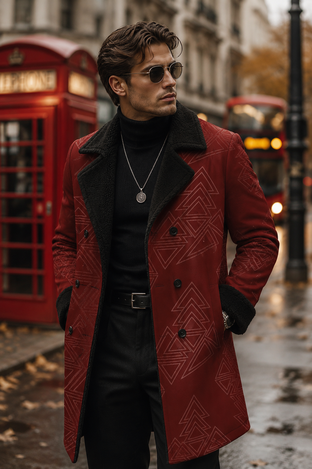 A Rich and Rich Red  Geometric Men Men's Double Breasted Coat