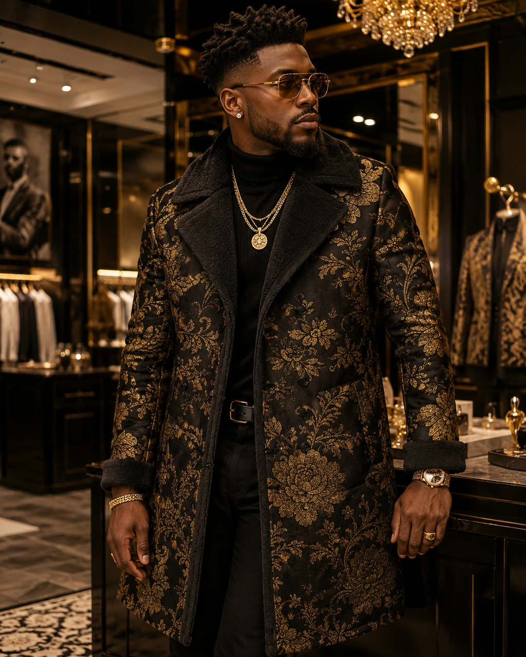 Rich and Rich Black Gold Floral Brocade  Men Men's Double Breasted Coat