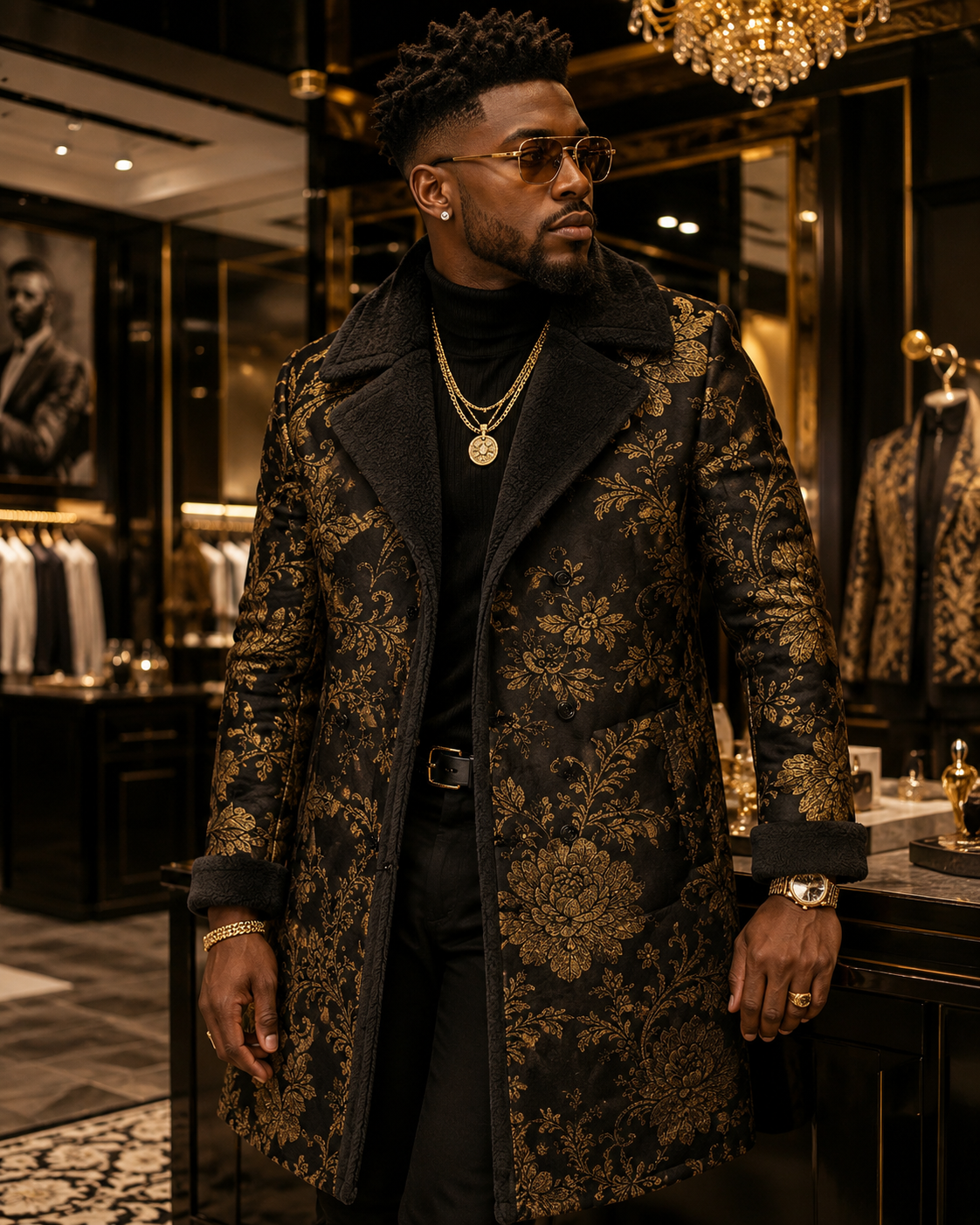 Rich and Rich Black Gold Floral Brocade  Men Men's Double Breasted Coat