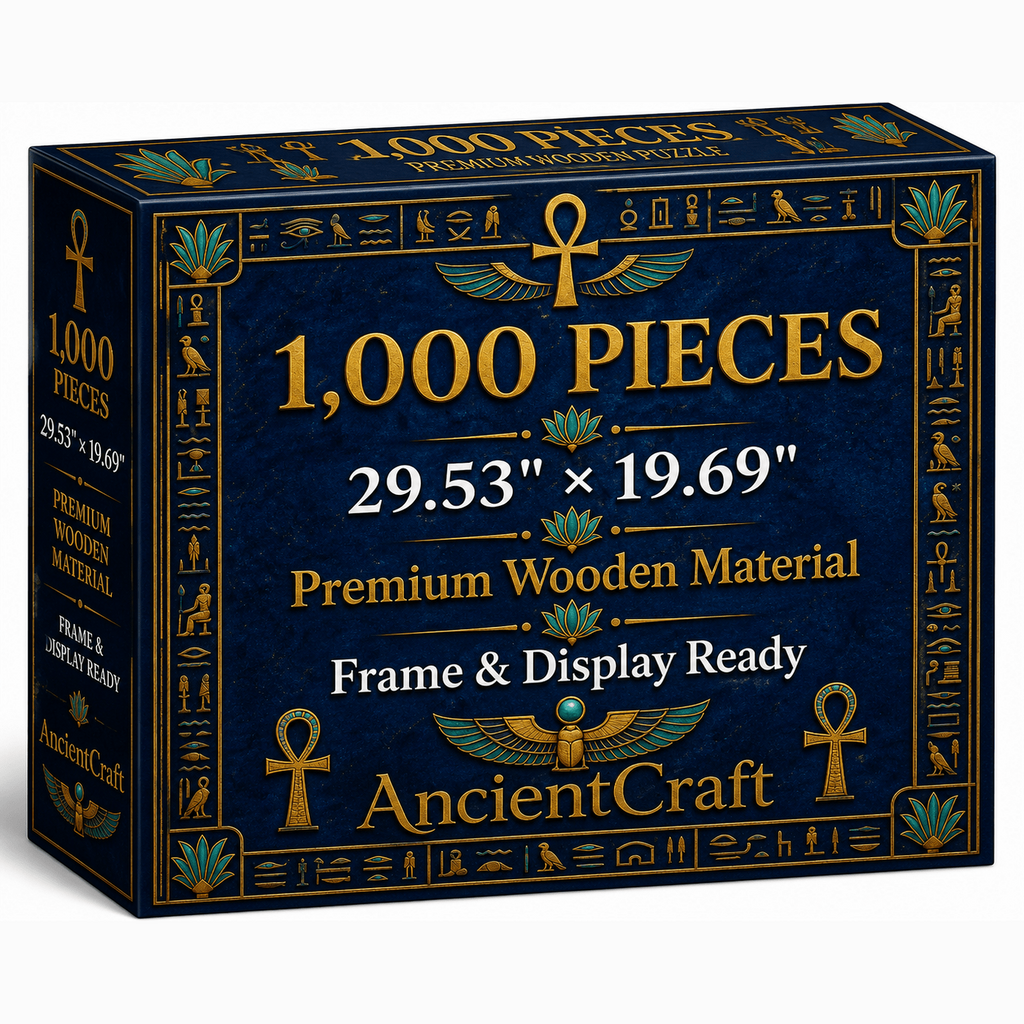 AncientCraft Golden Pharaoh 1000-piece wooden mosaic puzzle packaging box with gold typography and Egyptian iconography