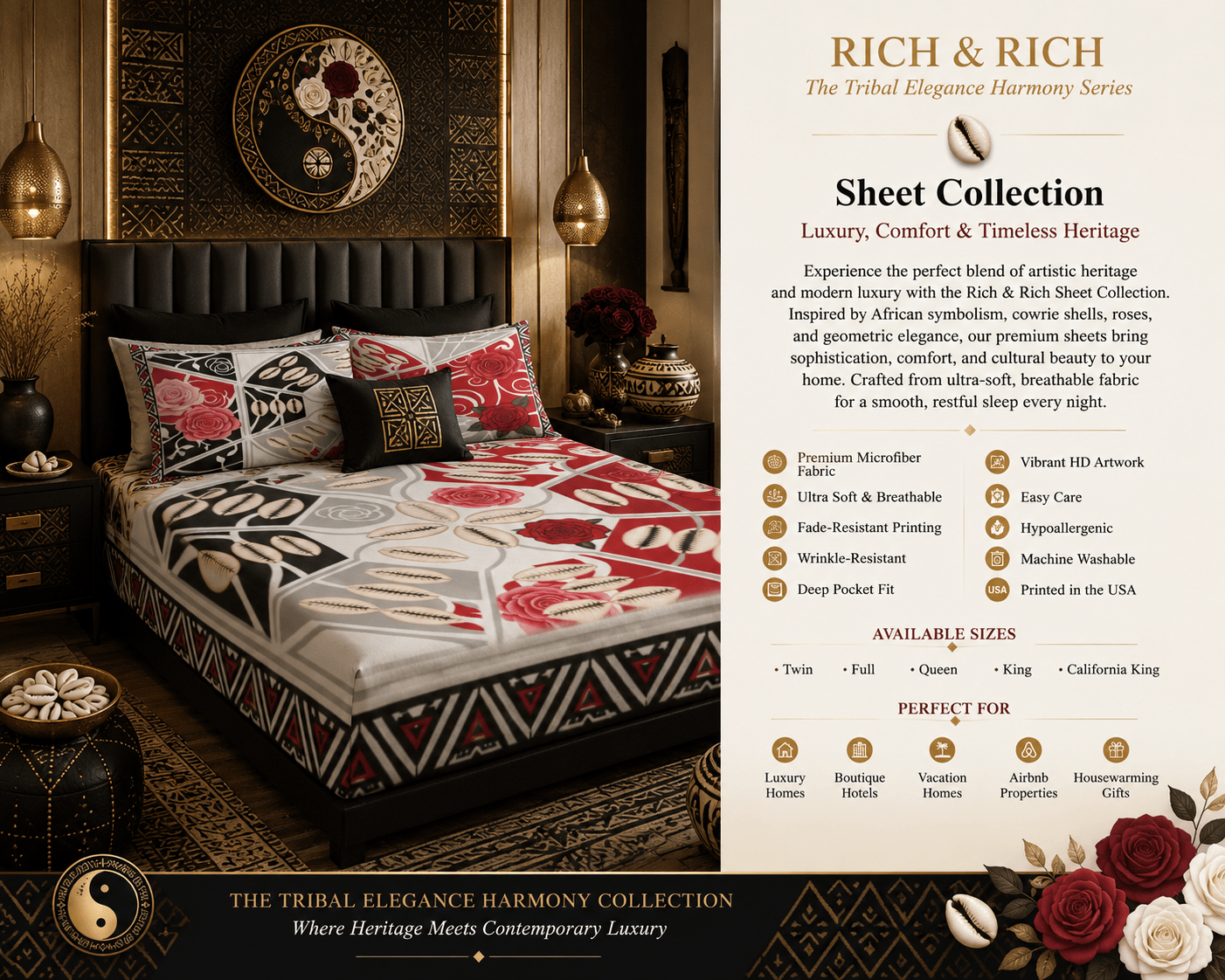 The Tribal Elegance Harmony Series – Crimson Harmony Full Bed Sheet Set (Fitted Sheet + Pillowcases) - Rich and Rich Homeopportunities