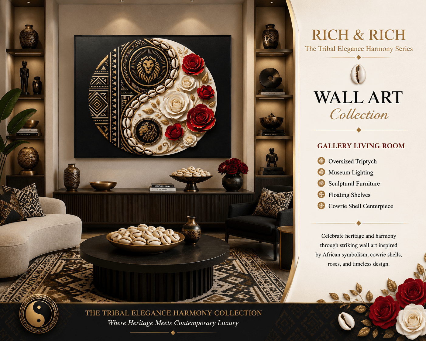 Framed 20x16 canvas featuring a luxury Yin-Yang design with tribal-inspired accents in black and gold