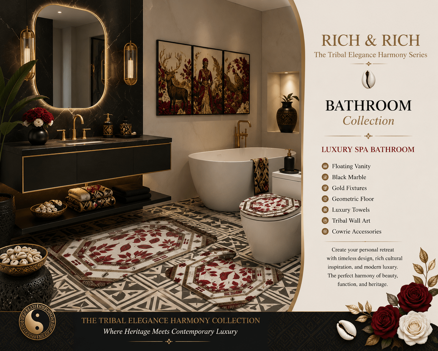 The Tribal Elegance Harmony Series – Crimson Oasis 3-Piece Bathroom Rug Set - Rich and Rich Homeopportunities