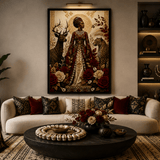 Black-framed canvas print of a Regal Queen portrait, 24 by 36 inches