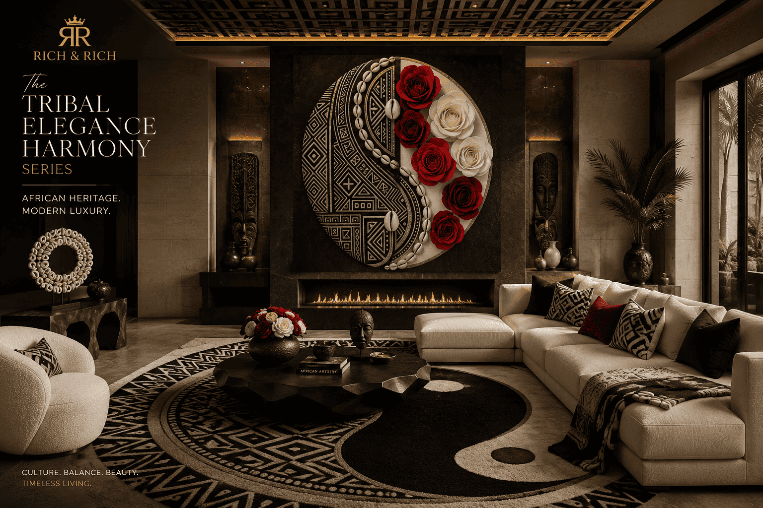 Black-framed canvas print with Crimson & Ivory Harmony tribal design and floral accents, 24 by 36 inches — product detail