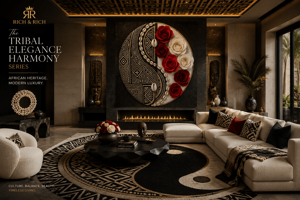 The Tribal Elegance Harmony Series – Crimson & Ivory Harmony Black Framed Art Print 24×36inch - Rich and Rich Homeopportunities