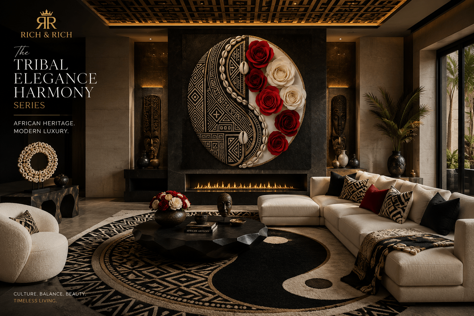 The Tribal Elegance Harmony Series – Crimson & Ivory Harmony Black Framed Art Print 24×36inch - Rich and Rich Homeopportunities