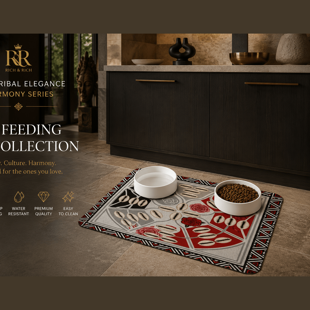 Rectangular Tribal pet feeding mat with absorbent top and non-slip rubber backing, 40 by 30 cm