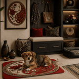 Plush Yin-Yang pet mat with tribal accents and floral details in black and ivory, 25 by 18 inches