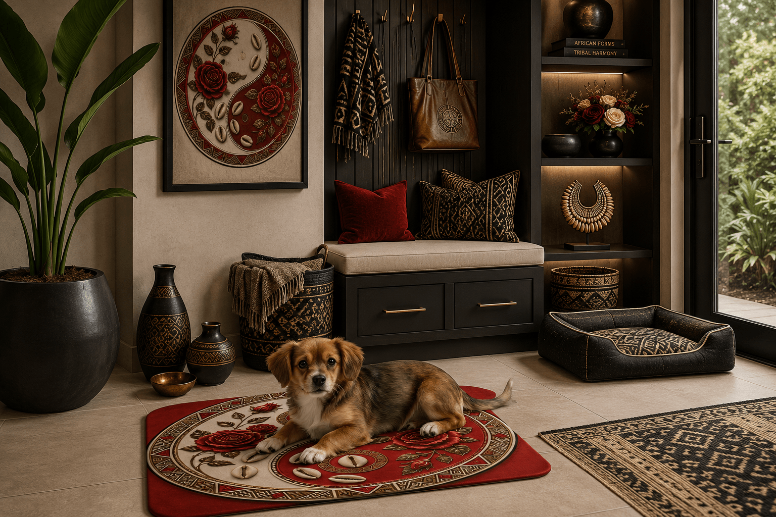 Plush Yin-Yang pet mat with tribal accents and floral details in black and ivory, 25 by 18 inches