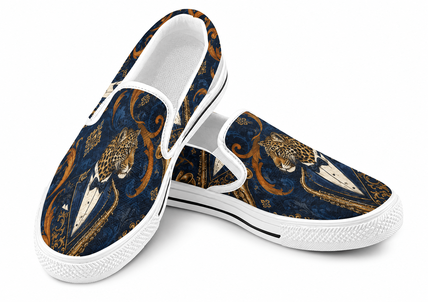 Rich and Rich Leopard Saxophone Women's Blue Slip-On Canvas Shoes - Rich and Rich Homeopportunities