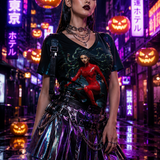 Women's V-neck tee with all-over cyberpunk Medusa riding a futuristic broomstick print — product detail