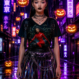 Women's V-neck tee with all-over cyberpunk Medusa riding a futuristic broomstick print