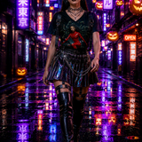 Women's V-neck tee with all-over cyberpunk Medusa riding a futuristic broomstick print — alternate view