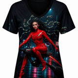 Women's V-neck tee with all-over cyberpunk Medusa riding a futuristic broomstick print — side view