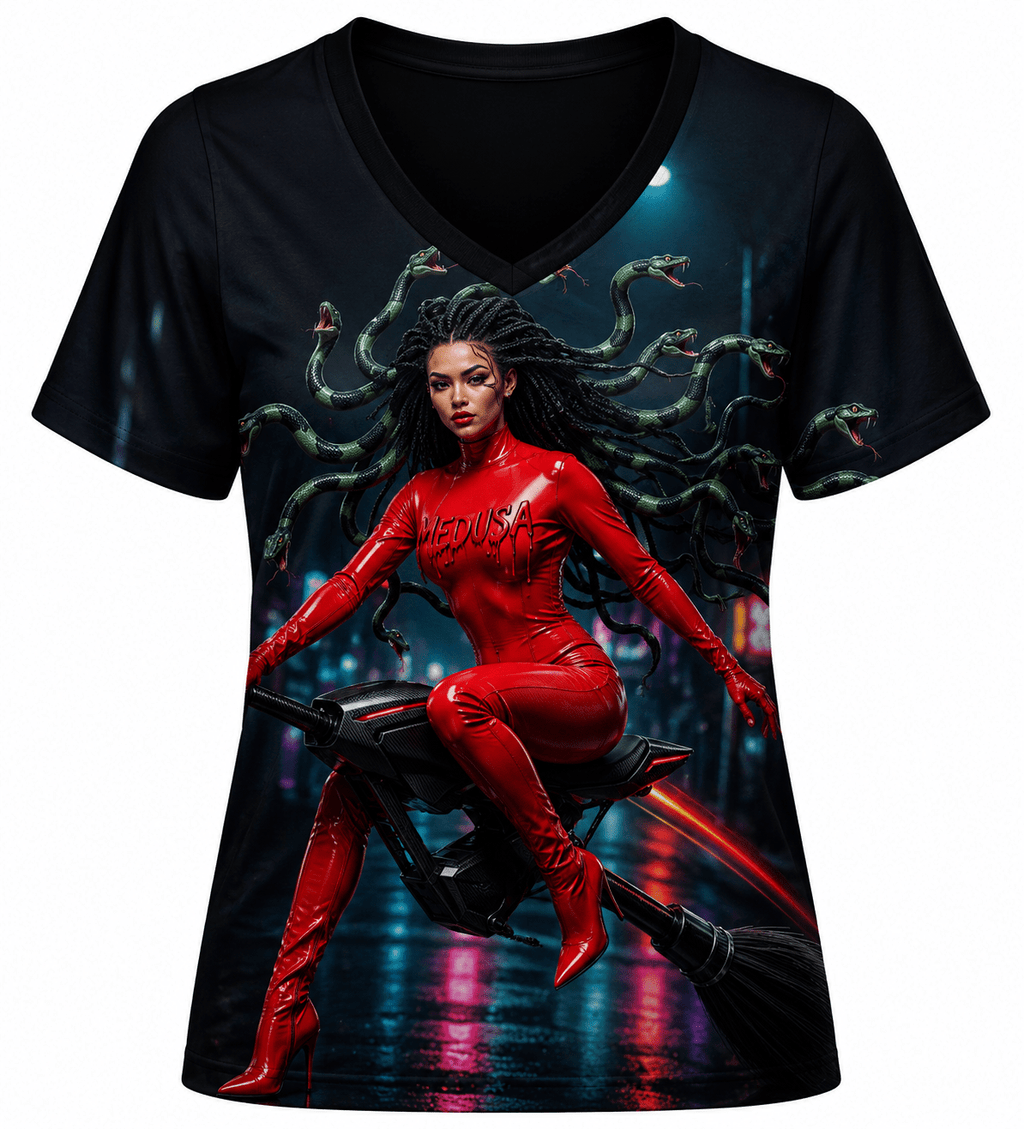 A Rich and Rich Cyberpunk Medusa On Futuristic Broomstick Women's V-Neck T-Shirt - Rich and Rich Homeopportunities