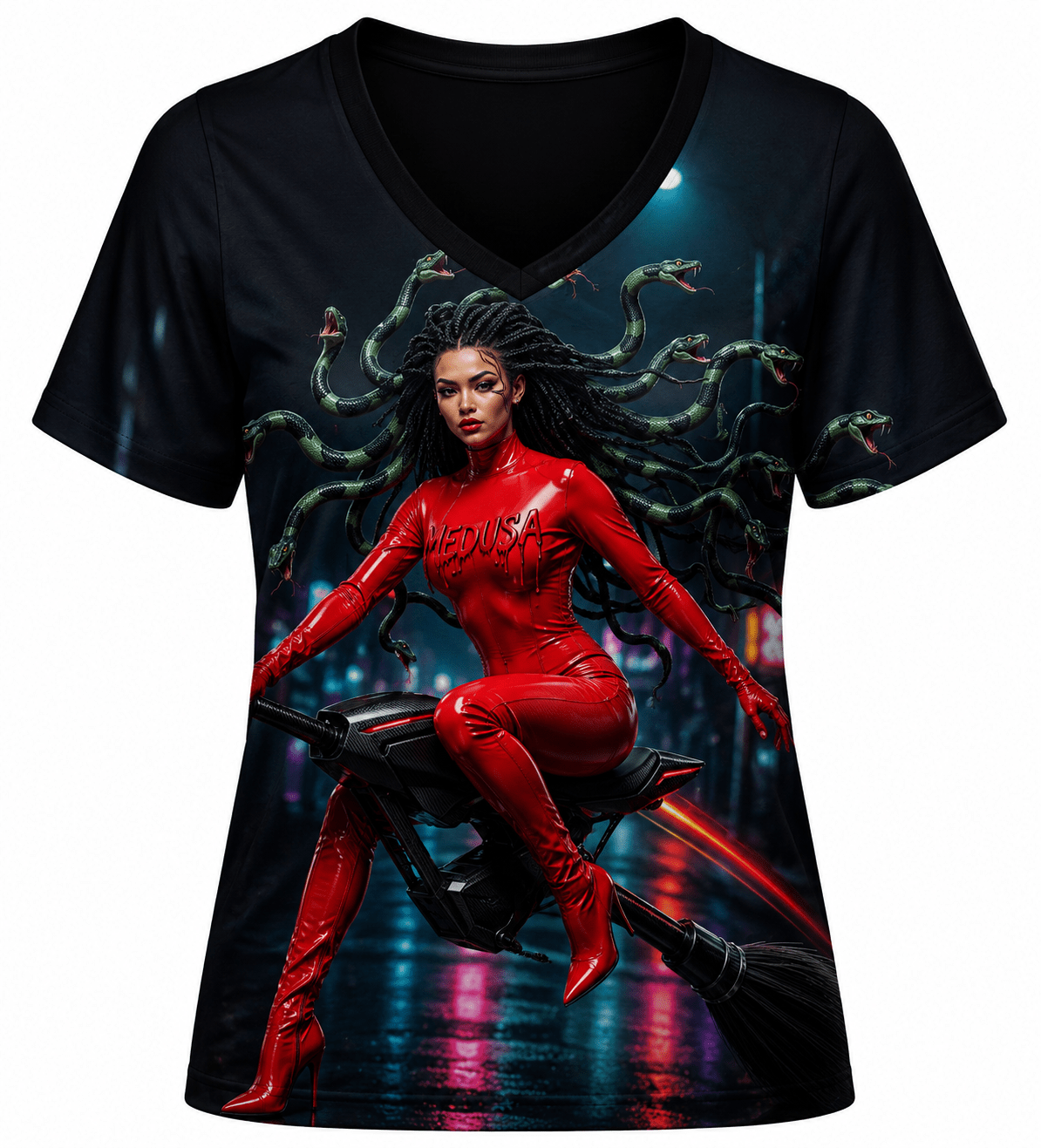 A Rich and Rich Cyberpunk Medusa On Futuristic Broomstick Women's V-Neck T-Shirt - Rich and Rich Homeopportunities