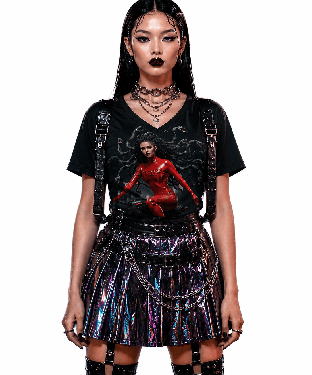 Women's V-neck tee with all-over cyberpunk Medusa riding a futuristic broomstick print — rear view