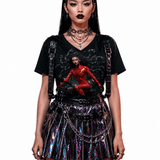 Women's V-neck tee with all-over cyberpunk Medusa riding a futuristic broomstick print — rear view
