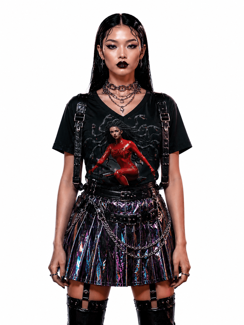 A Rich and Rich Cyberpunk Medusa On Futuristic Broomstick Women's V-Neck T-Shirt - Rich and Rich Homeopportunities