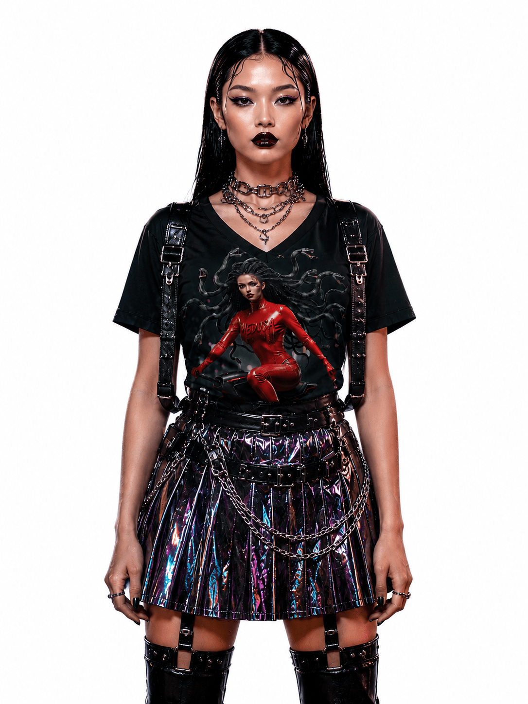 A Rich and Rich Cyberpunk Medusa On Futuristic Broomstick Women's V-Neck T-Shirt - Rich and Rich Homeopportunities