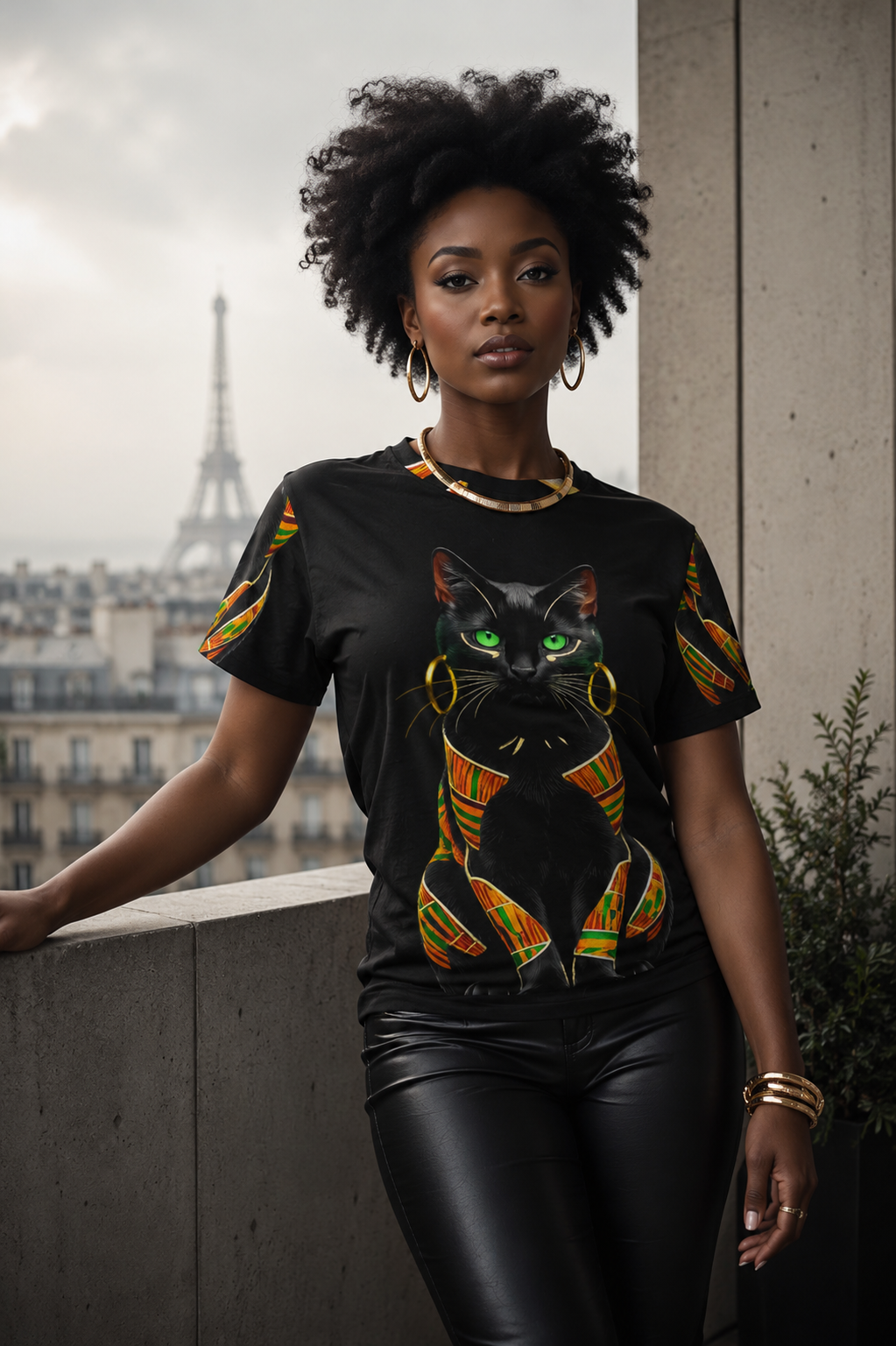 A  Rich and Rich Regal Black Cat with African Elegance Women's Black T-Shirt