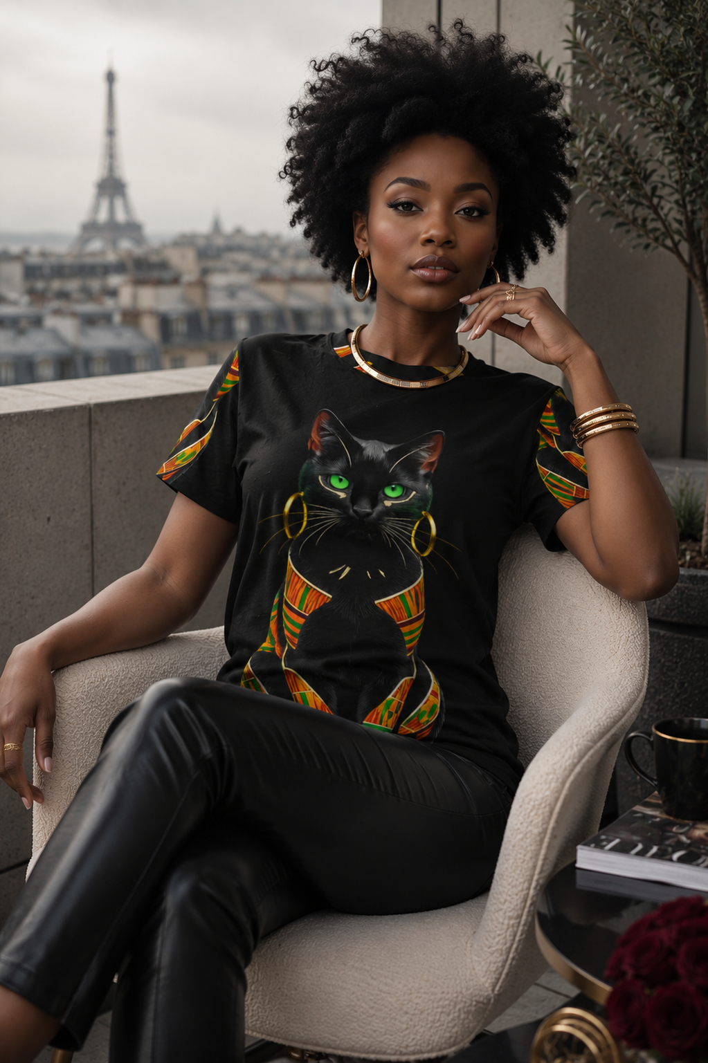 Rich and Rich Regal Black Cat with African Elegance Women's Black T-Shirt