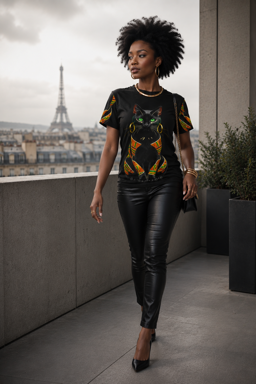 A  Rich and Rich Regal Black Cat with African Elegance Women's Black T-Shirt