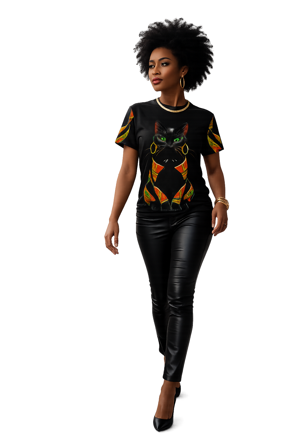 A  Rich and Rich Regal Black Cat with African Elegance Women's Black T-Shirt