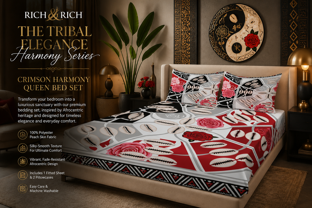 The Tribal Elegance Harmony Series – Crimson Harmony Queen Bed Set(Fitted Sheet + Pillowcases)