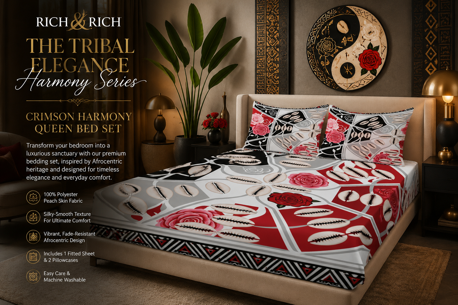 The Tribal Elegance Harmony Series – Crimson Harmony Queen Bed Set(Fitted Sheet + Pillowcases)