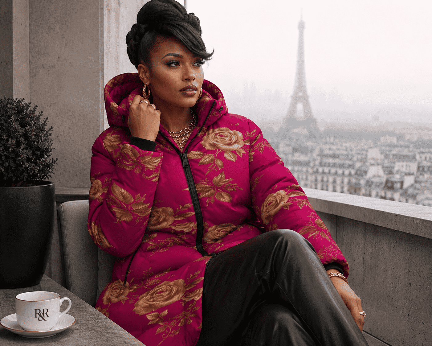Women's fuchsia puffer coat with gold rose print and detachable hood — product detail