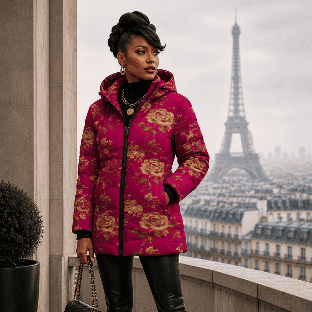 Women's fuchsia puffer coat with gold rose print and detachable hood