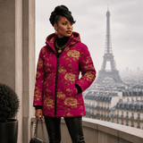 Women's fuchsia puffer coat with gold rose print and detachable hood