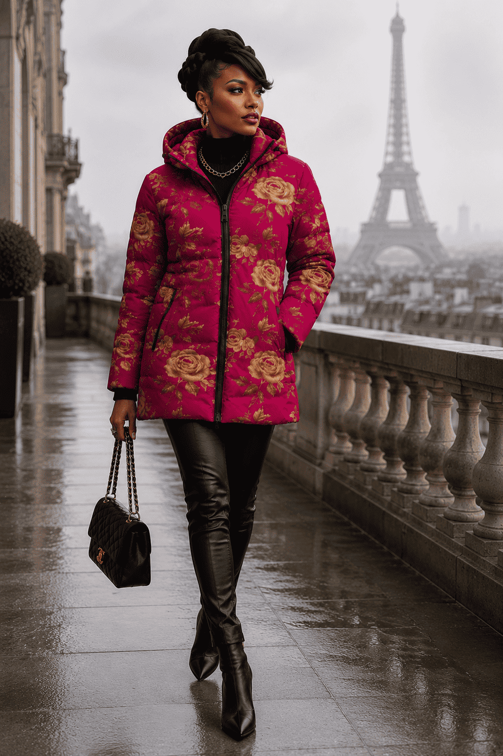 Women's fuchsia puffer coat with gold rose print and detachable hood — alternate view
