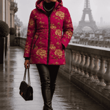 Women's fuchsia puffer coat with gold rose print and detachable hood — alternate view